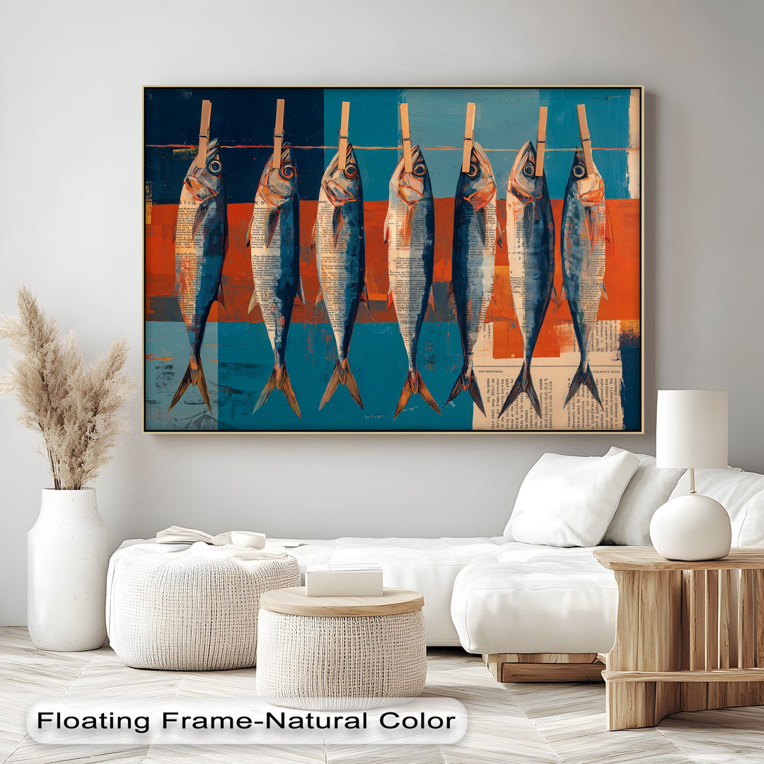 Expressive, modern hanging fish art evokes a unique mood as a big canvas prints piece, perfect as coastal kitchen wall art.