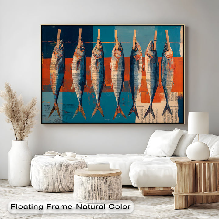 Expressive, modern hanging fish art evokes a unique mood as a big canvas prints piece, perfect as coastal kitchen wall art.