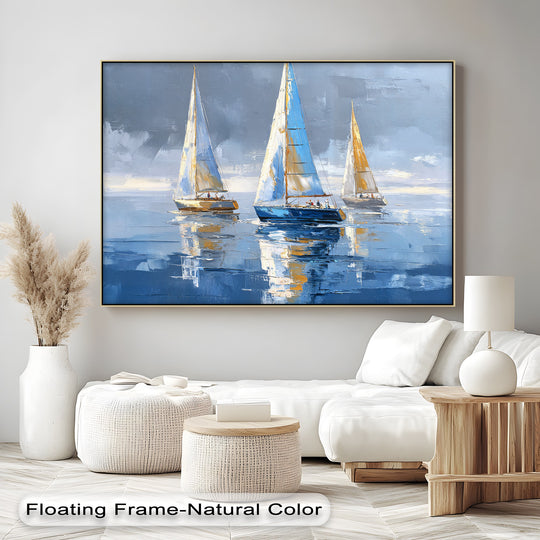 Depicting depth and layers, the big canvas prints reveal sailing boats and reflections in a serene seascape, making it an elegant coastal sailboat wall art.
