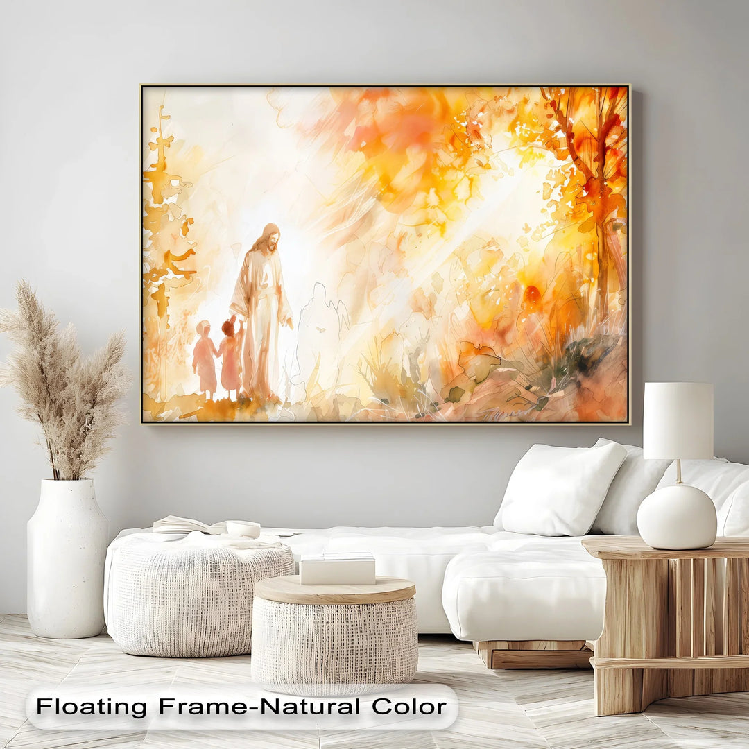 Jesus Walking with Children in Autumn Light - Jesus Canvas Print