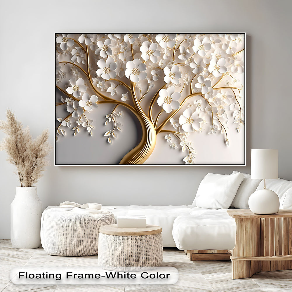 The layering effect highlights the dimensional white blossoms and shimmering gold branches on this beautiful White Blossom Tree canvas pictures.