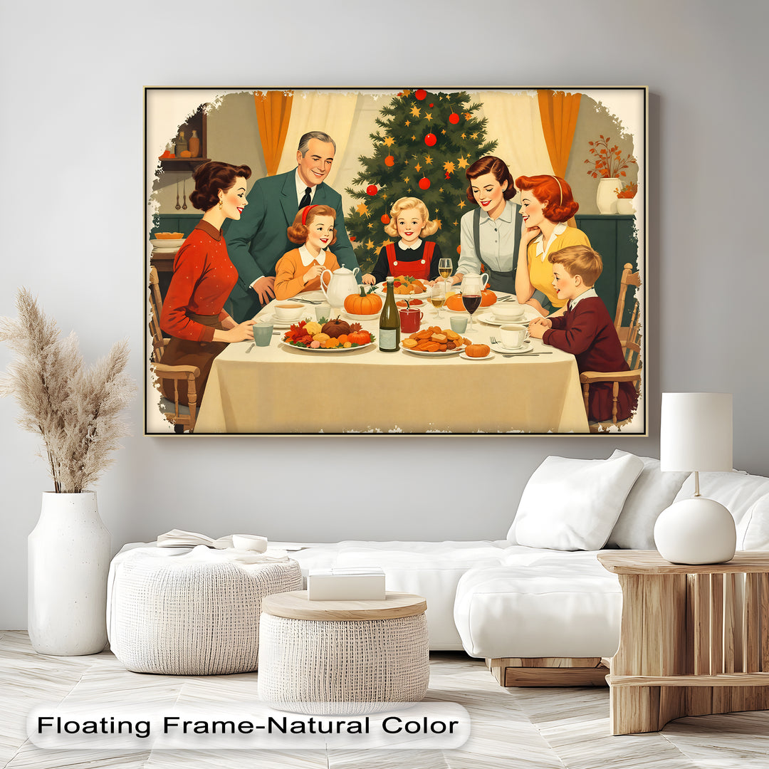 Retro Family Christmas Dinner Canvas Wall Art | Large Canvas