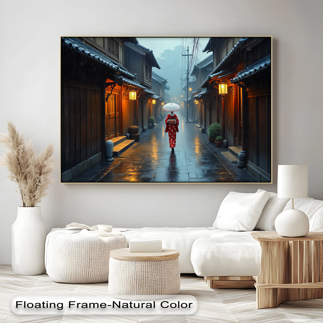 Geisha in Kyoto Rain – Japanese Street Canvas Wall Art | Framed Canvas