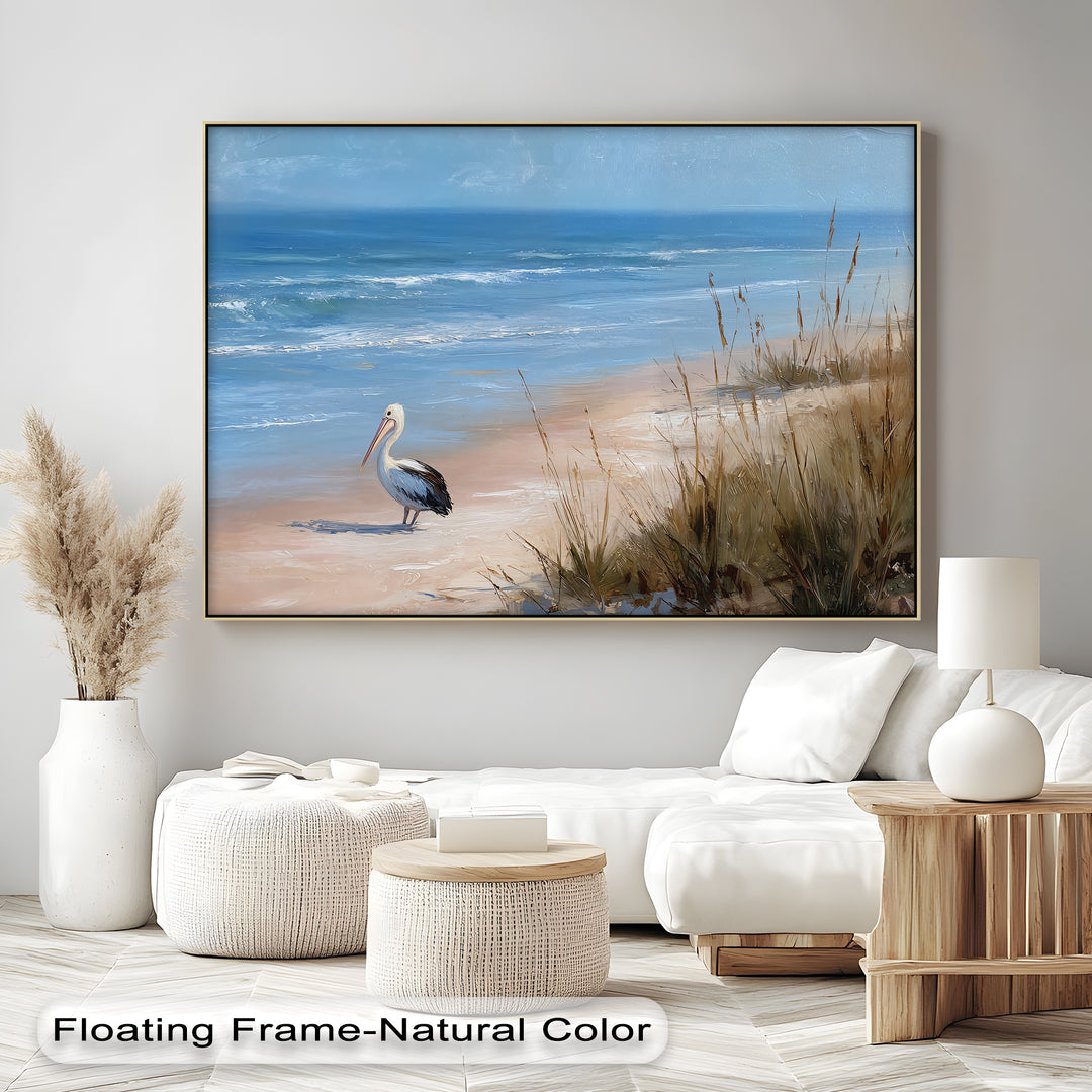 Subtle color saturation defines the coastal pelican beach canvas print, featuring a serene ocean wildlife scene ideal for hanging canvas in a beach-themed space.