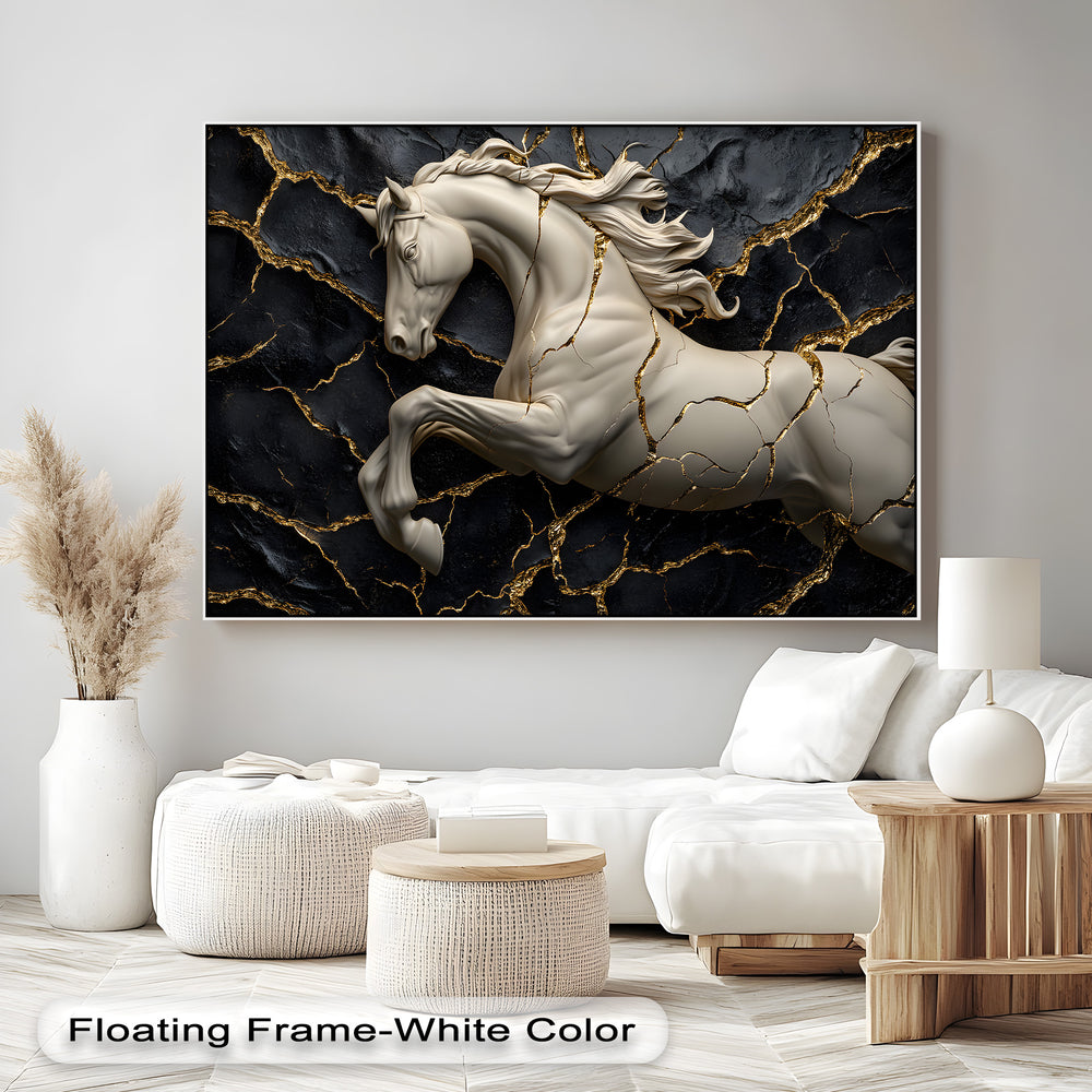 The brightest area reveals a majestic white horse, cracked with gold, as striking canvas pictures set in a refined white frame.