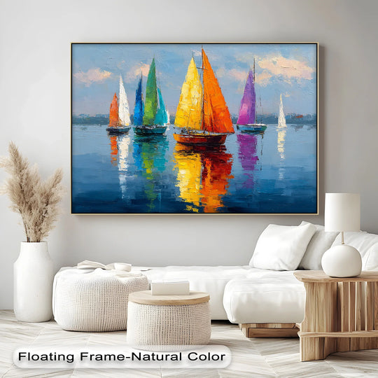 Subtle negative space around the colorful sailboats in this vibrant nautical canvas painting accentuates the composition, highlighting the water reflections in this delightful canvas print.