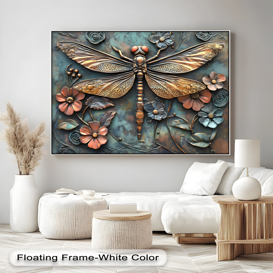 The organic forms of a metallic dragonfly and sculptural flowers, in burnished bronze and teal, are striking 3D-style nature canvas pictures.