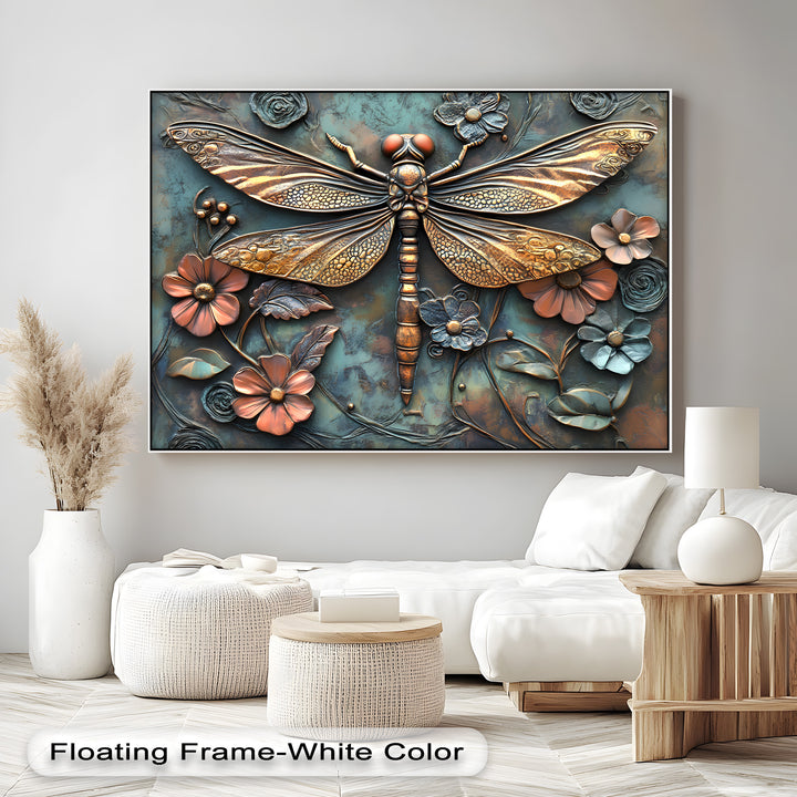 The organic forms of a metallic dragonfly and sculptural flowers, in burnished bronze and teal, are striking 3D-style nature canvas pictures.