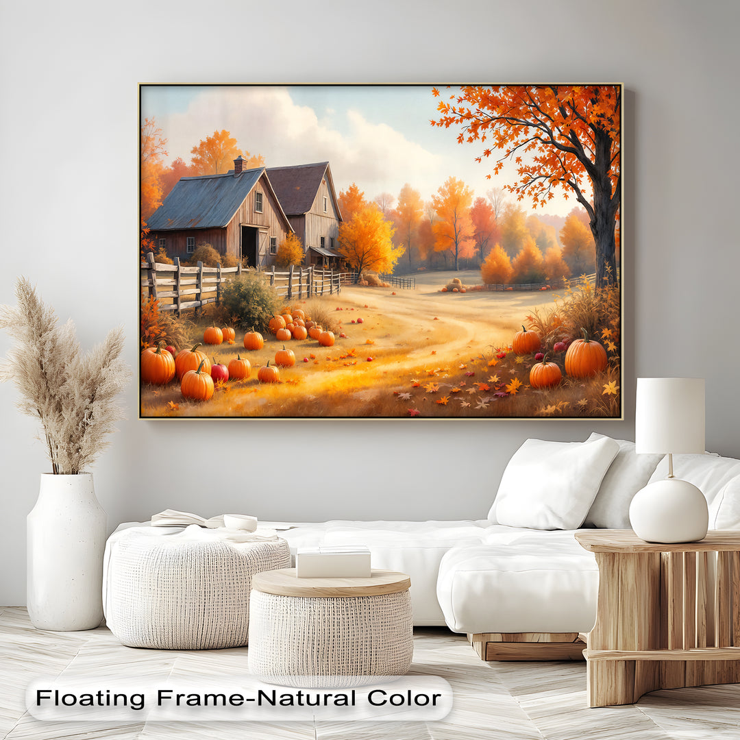 Golden Harvest Barn – Farmhouse Pumpkin Canvas Wall Art | Framed Art
