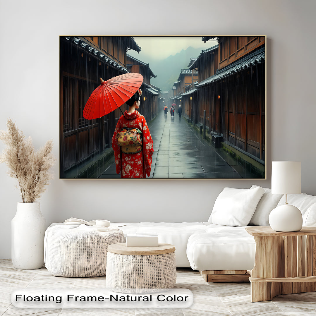 Geisha in the Rain – Japanese Street Scene Canvas Wall Art | Large Canvas