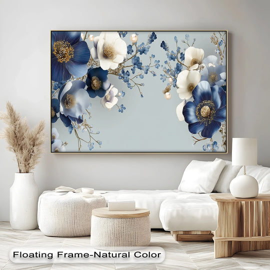 Dominant navy and ivory hues define this floral fantasy canvas print, showcasing elegant canvas pictures with delicate pearl accents for a touch of refined beauty.