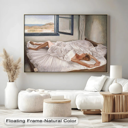 The stillness of the morning captures the figure resting in white sheets, a beautiful canvas art print echoing tranquil coastal vibes through a bright window.