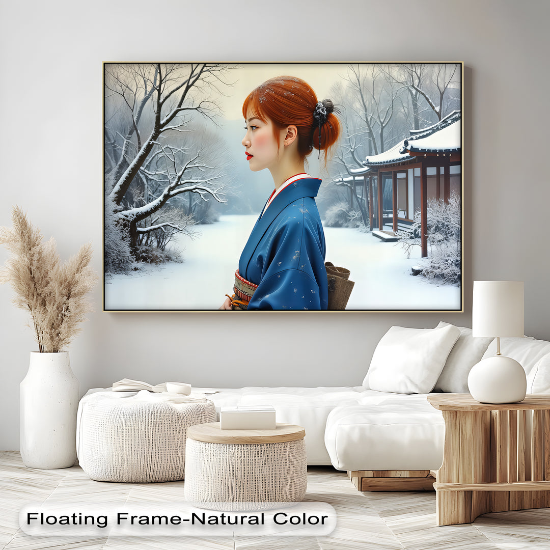 Geisha in Snow Garden – Japanese Kimono Canvas Wall Art | Framed Art