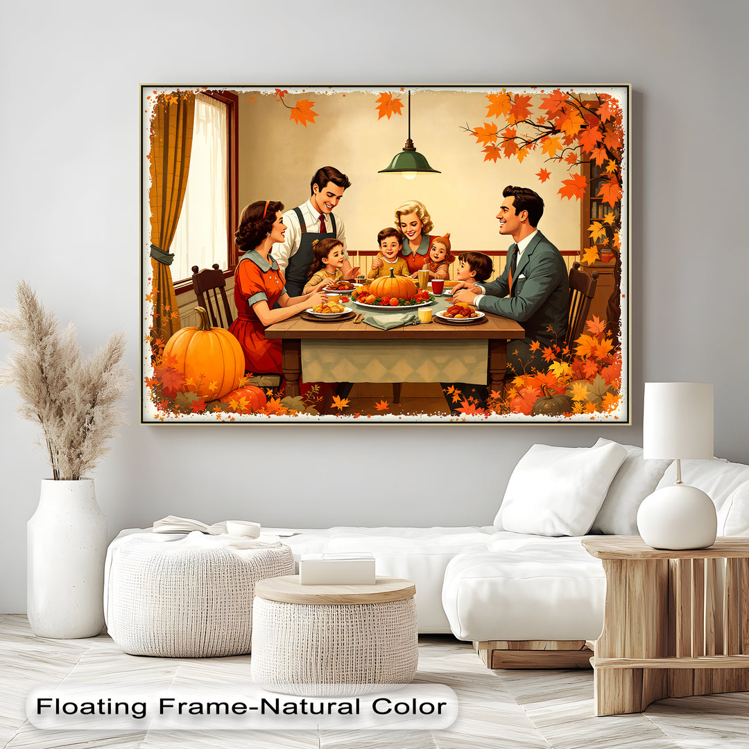 Autumn Gathering – Retro Thanksgiving Dinner Canvas Wall Art | Large Canvas
