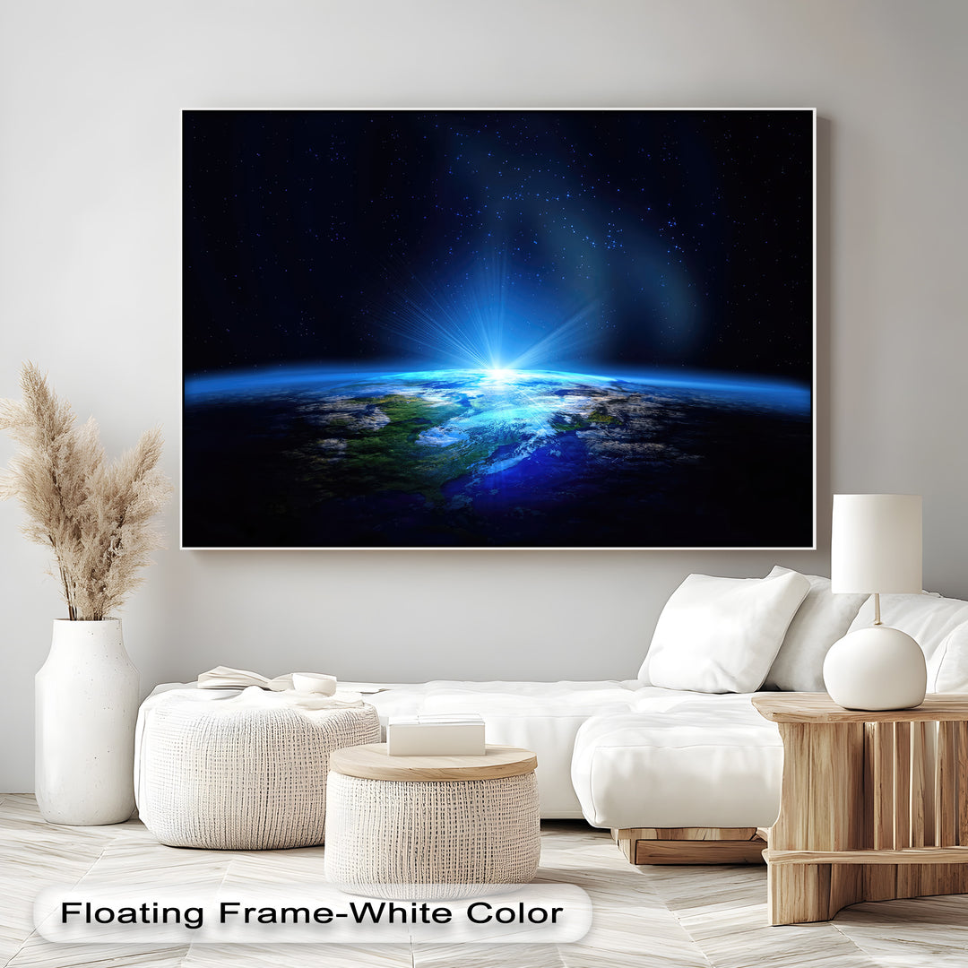 The rich color saturation of this cosmic blue Earth From Space canvas art print vividly portrays the radiant planet.