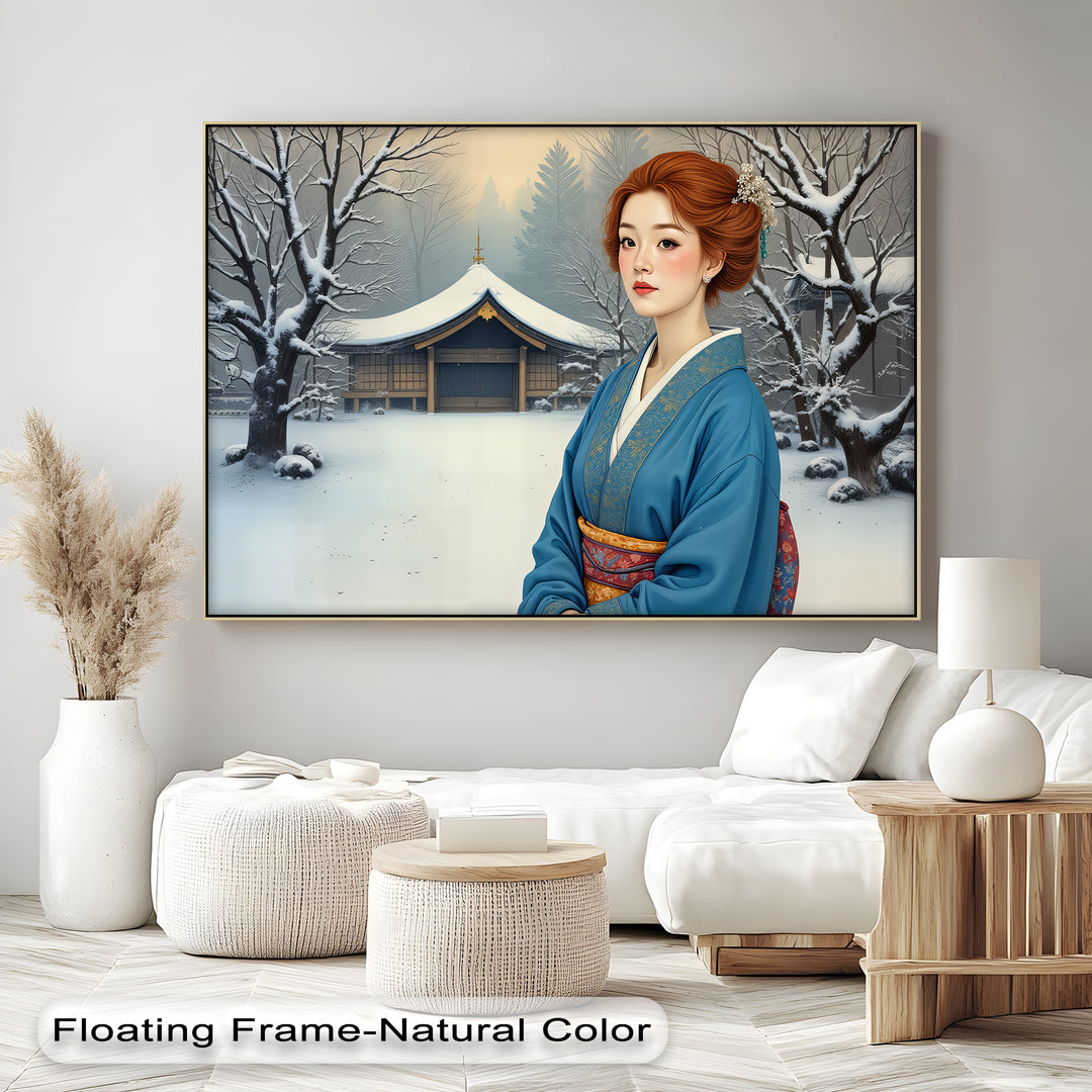 Geisha in Winter Serenity – Japanese Kimono Canvas Wall Art | Framed Canvas