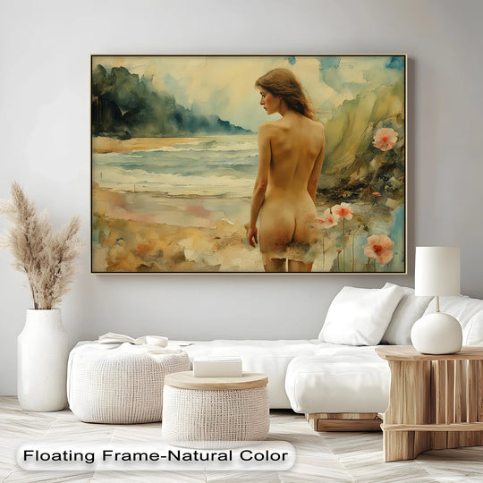Beige hues dominate this big canvas prints depiction of 'Whispers of the Shore,' a dreamlike nude figure set against a watercolor sea.