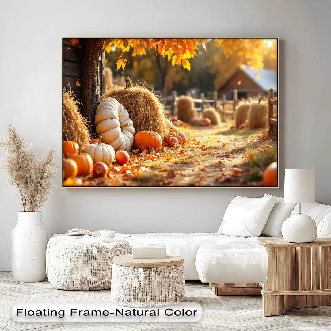 Autumn Harvest – Pumpkin and Haystack Canvas Wall Art | Framed Art