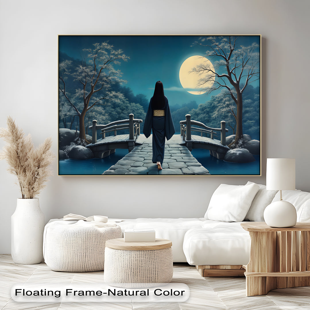 Moonlit Elegance – Japanese Geisha on Bridge Canvas Wall Art | Canvas Art