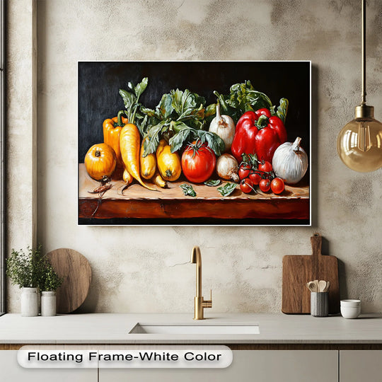 Rectangular high quality canvas prints depict a still life arrangement of fresh vegetables, showcasing the geometric shapes of peppers, tomatoes, and garlic heads.