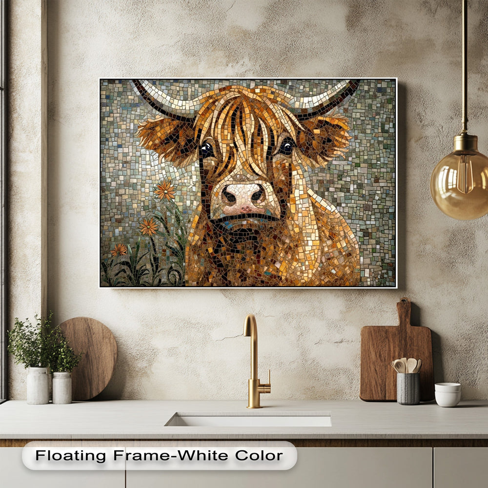 Capturing the intricate color transition of individual mosaic tiles, this rustic Highland Cow canvas wall decor displays rich browns and greens.