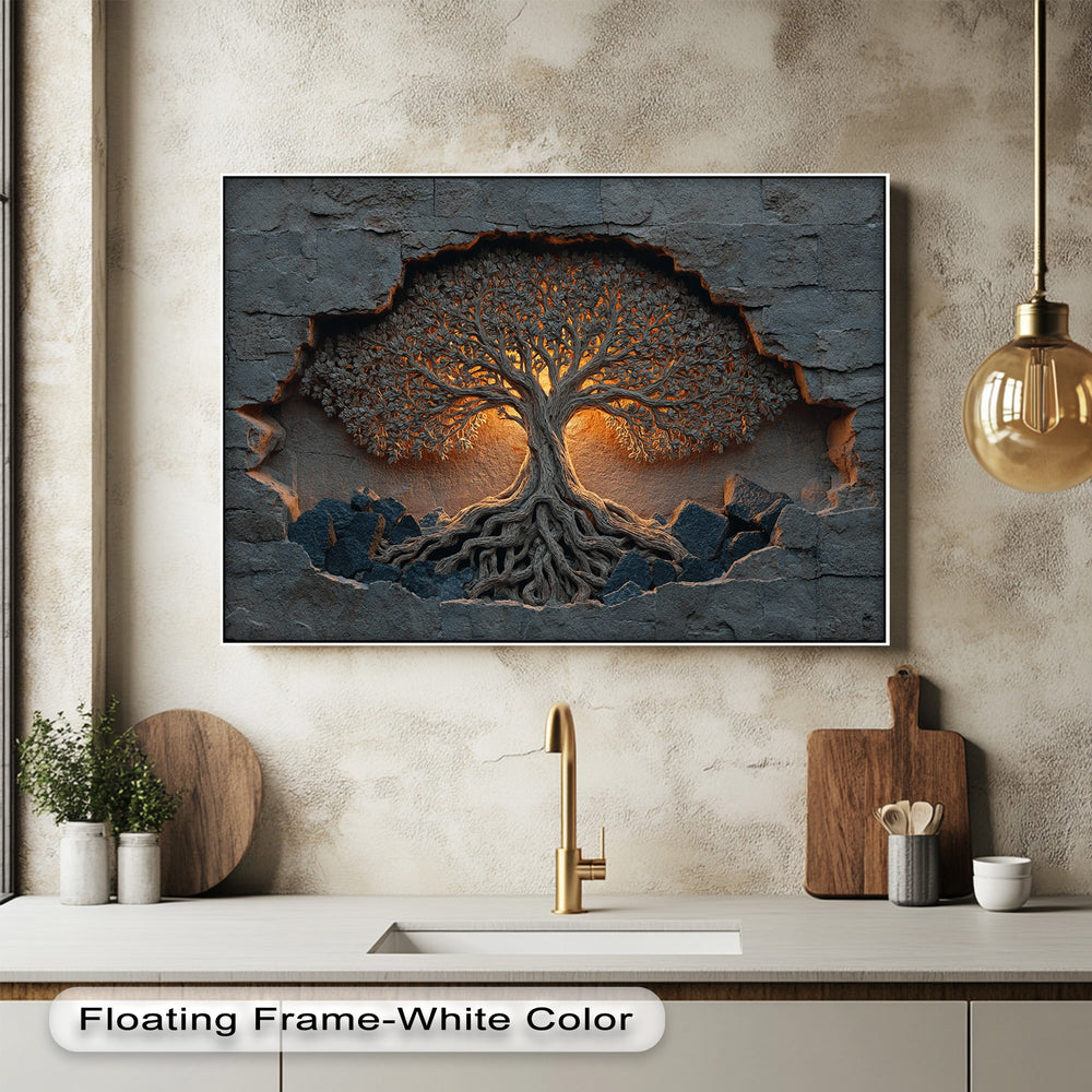 Depth and layers define this glowing tree canvas print, with roots breaking a broken wall, a must-have for canvas pictures.