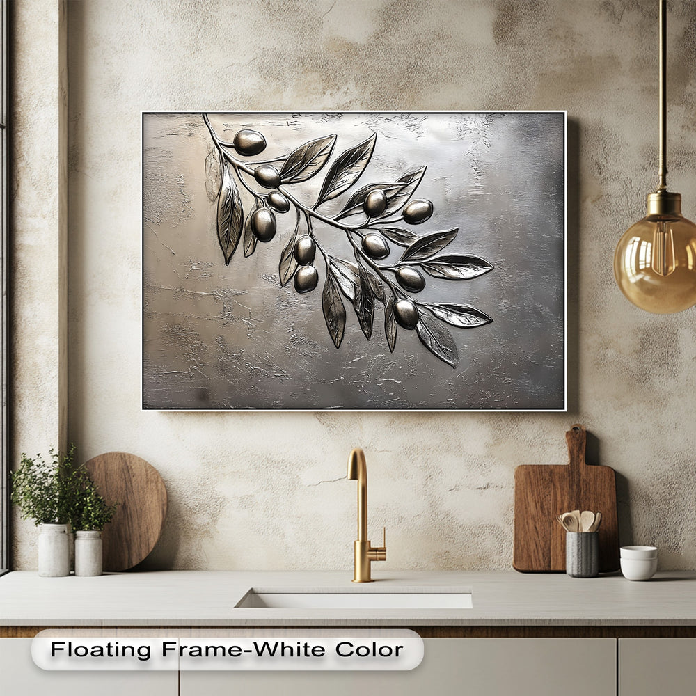Horizontally oriented, rectangular silver olive branch framed canvas, an elegant metallic botanical wall art.