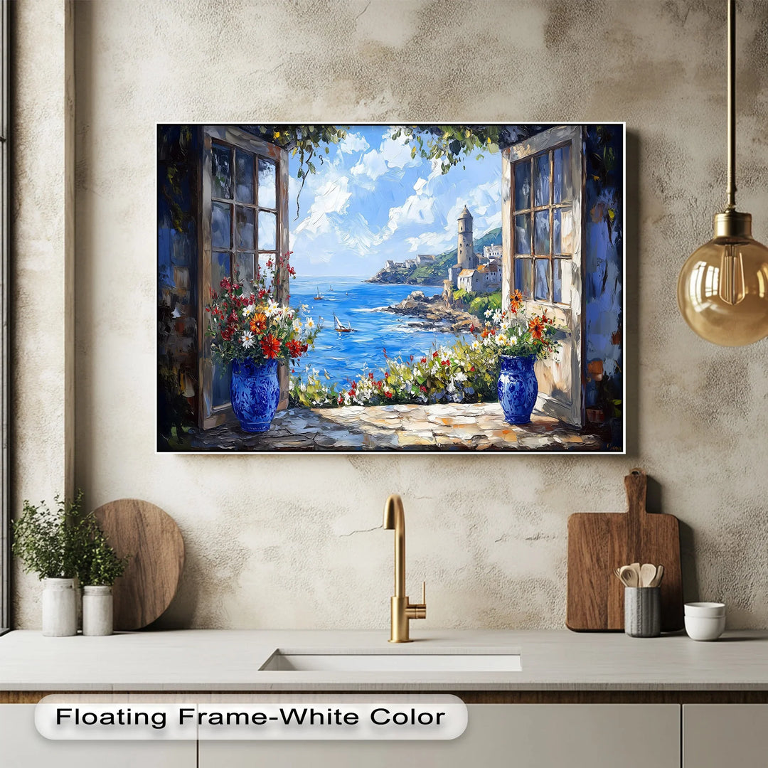 Mediterranean View Through the Terrace – Coastal Kitchen Canvas Print - MyPhotoStation