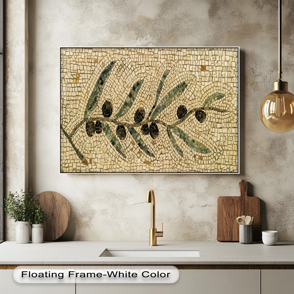 Creamy beige tones dominate this Olive Branch Mosaic big canvas print, depicting dark olives and green leaves on a tiled background.