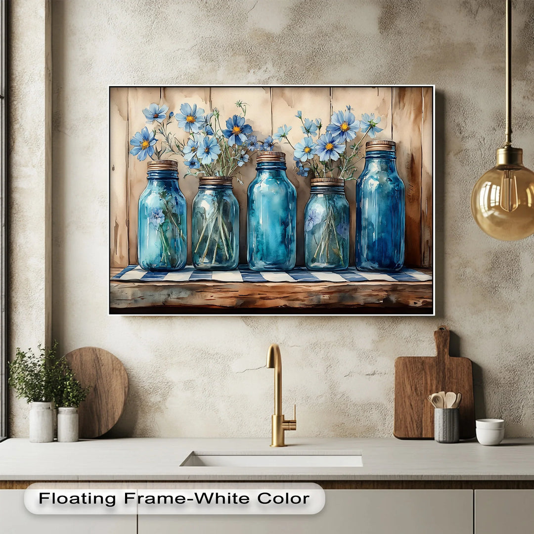 Vintage Blue Mason Jars with Wildflowers – Farmhouse Kitchen Canvas Art - MyPhotoStation