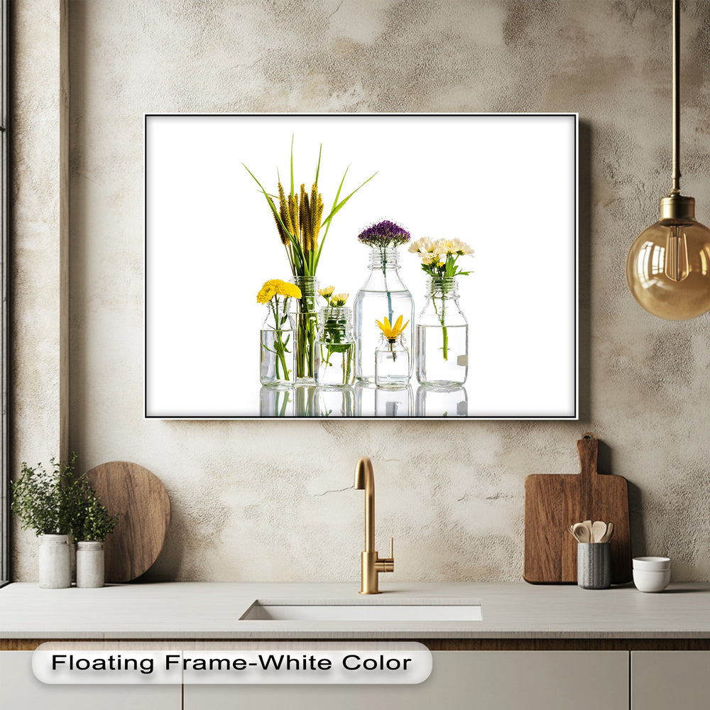 The textured concrete wall of a minimalist kitchen provides a striking backdrop for the high quality canvas prints featuring glass vase flowers.