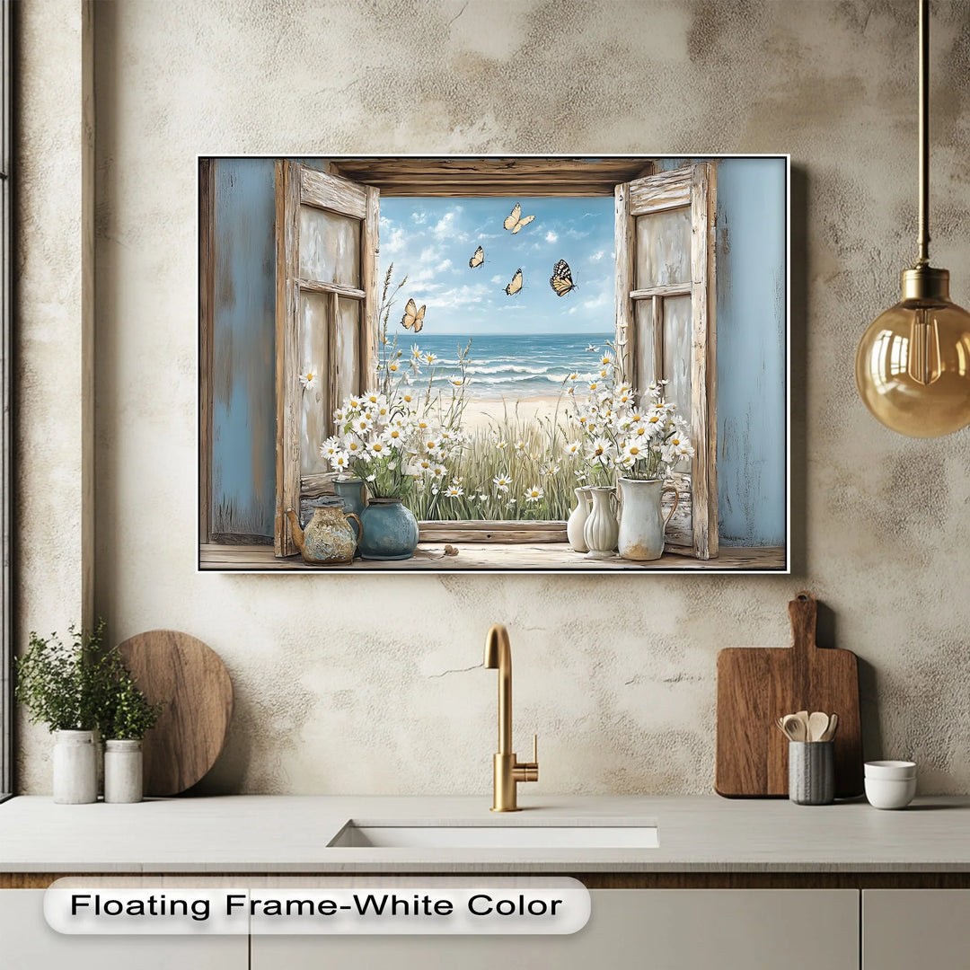 Butterflies by the Shore – Vintage Window View Kitchen Canvas Print - MyPhotoStation