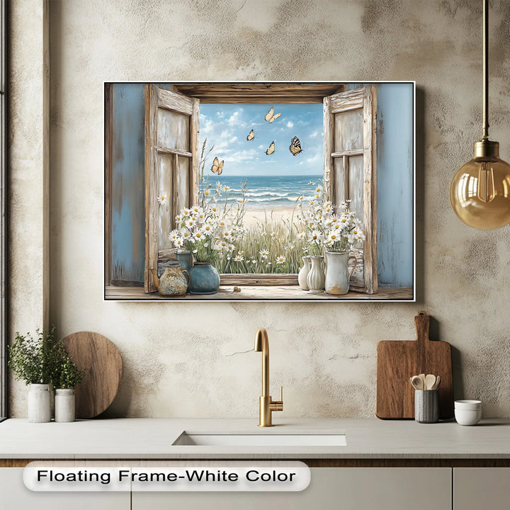 Butterflies by the Shore – Vintage Window View Kitchen Canvas Print - MyPhotoStation