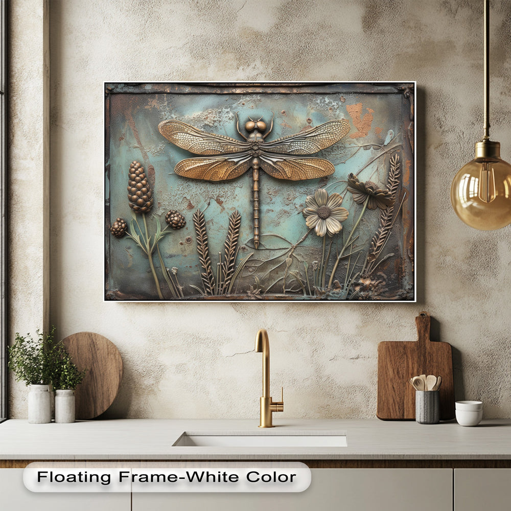 A horizontally oriented, rectangular hanging canvas showcases a vintage dragonfly and detailed botanical relief wall art.