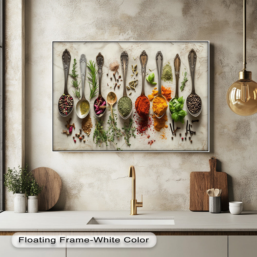 The stillness of vintage spice spoons filled with an array of vibrant herbs and spices is captured in this elegant canvas wall art.