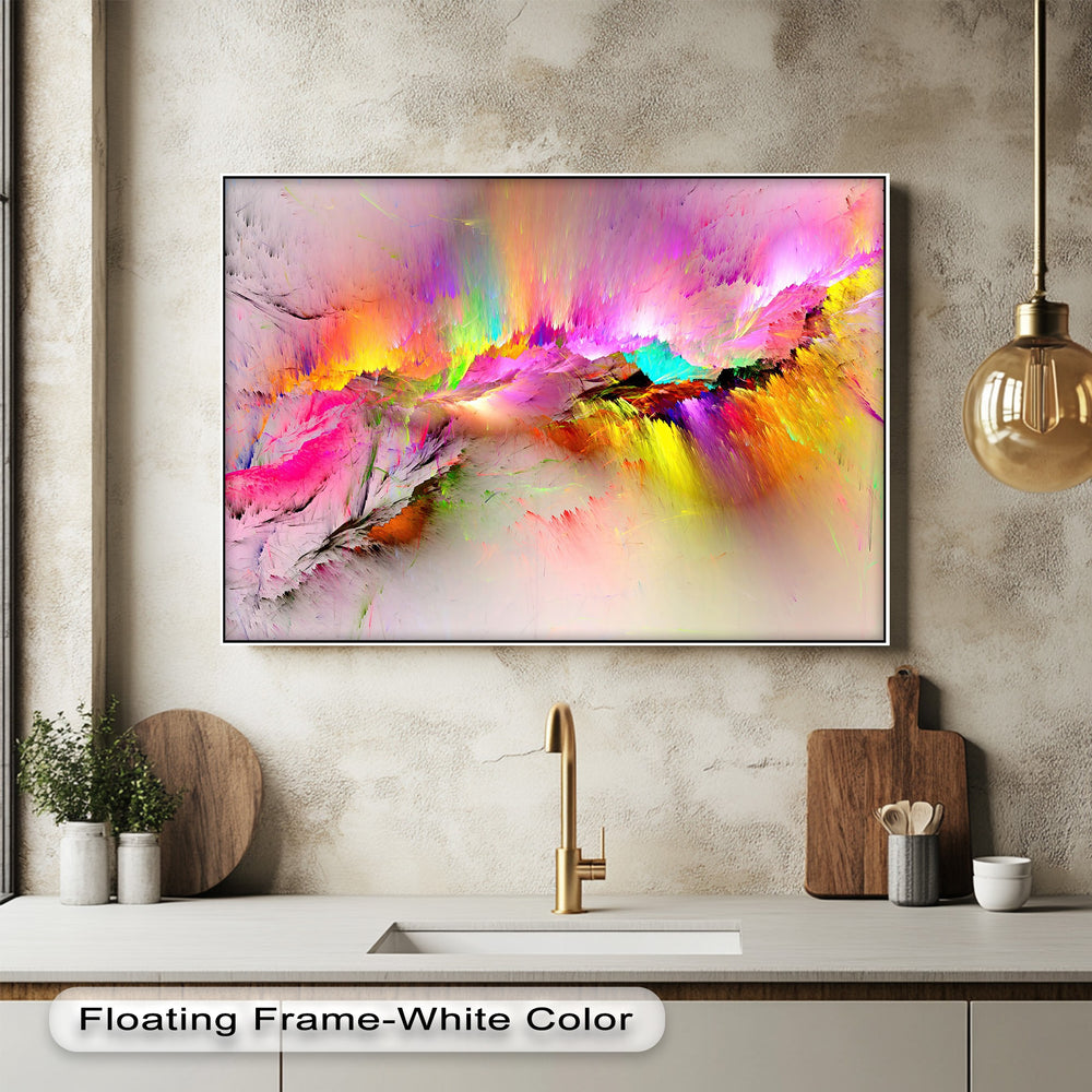 Characterized by sharp, angular planes and vibrant, multi-colored forms, this big canvas prints artwork presents a dynamic rectangular composition.
