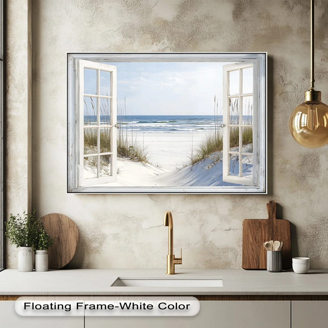 Ocean Breeze Escape – Open Window Beach Kitchen Canvas Print - MyPhotoStation