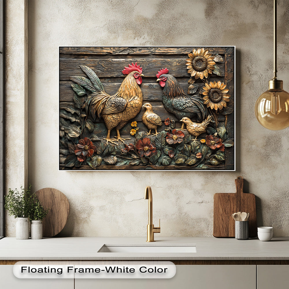 A unique canvas print animated by the lively postures of a rooster family, featuring a rooster, hen, and chicks among sunflowers on rustic wood.