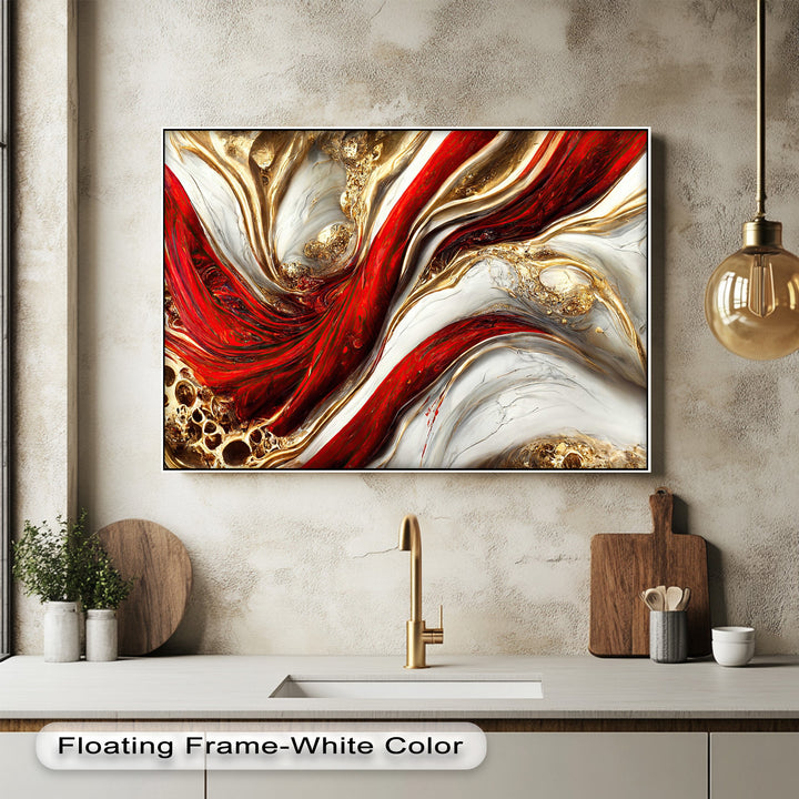 The vibrant, swirling currents of red, gold, and white in this abstract high quality canvas prints evoke a strong sense of fluid movement.