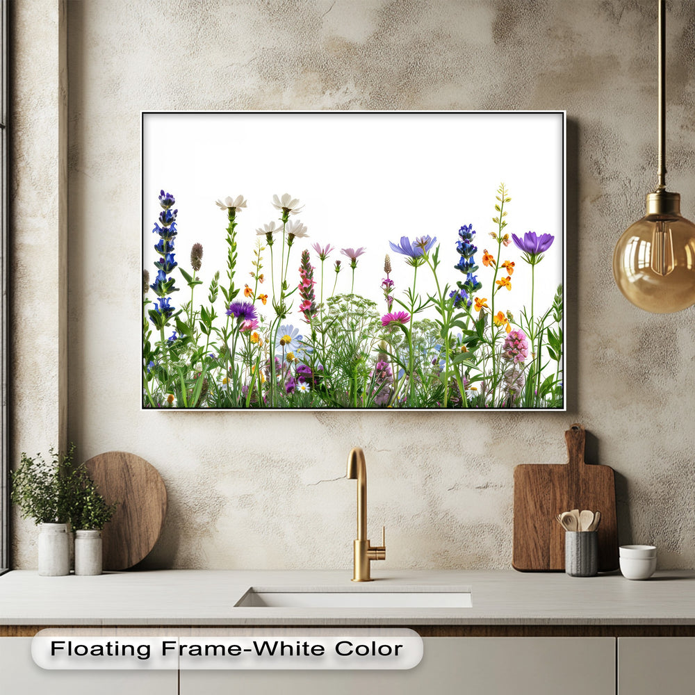 The darkest area is the sleek black frame enclosing the vibrant wildflower meadow premium canvas decor, a minimal botanical wall art.