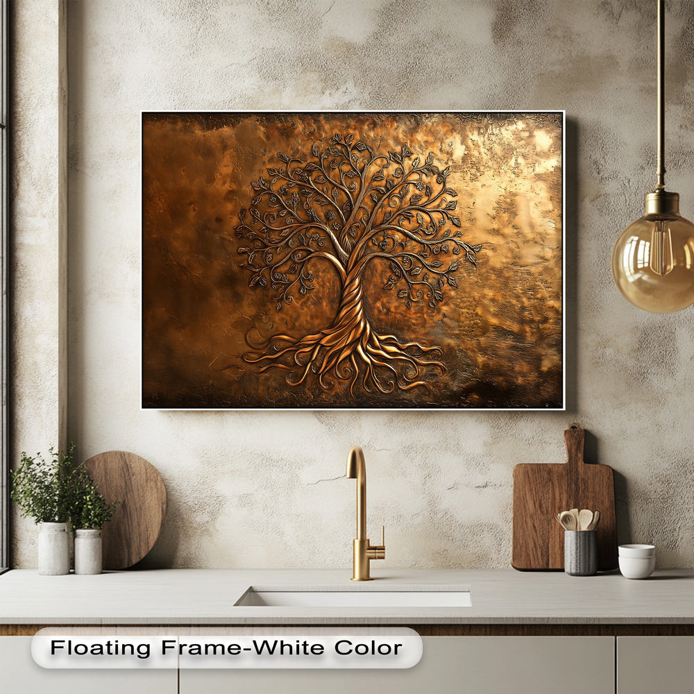Visual rhythm is evident in the Golden Tree of Life canvas artwork, featuring flowing roots and detailed leaves on a bronze relief texture.