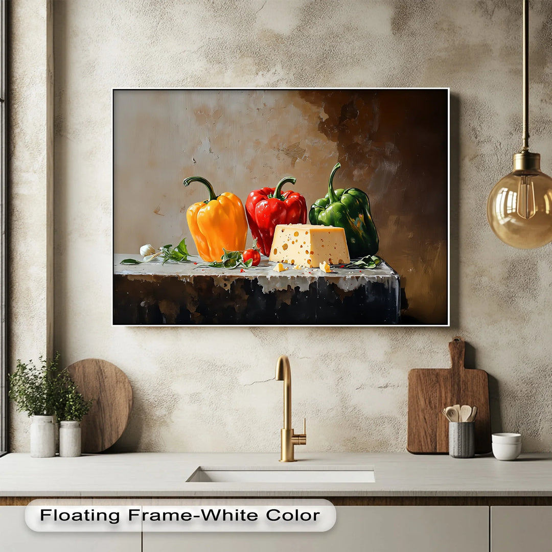 Colorful Bell Peppers & Cheese – Rustic Kitchen Canvas Print - MyPhotoStation