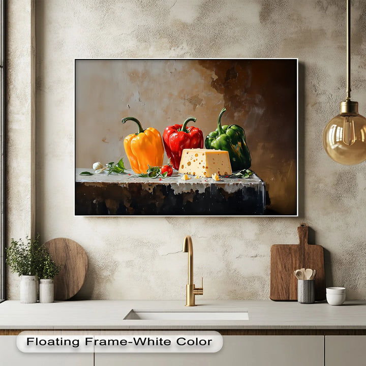 Colorful Bell Peppers & Cheese – Rustic Kitchen Canvas Print - MyPhotoStation