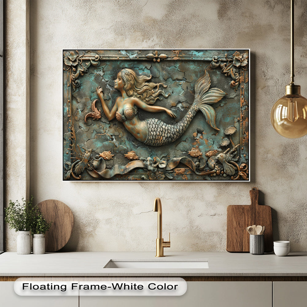 Contrasting light and deep shadows accentuate the remarkable relief and aged patina of the vintage mermaid canvas painting's ocean fantasy.