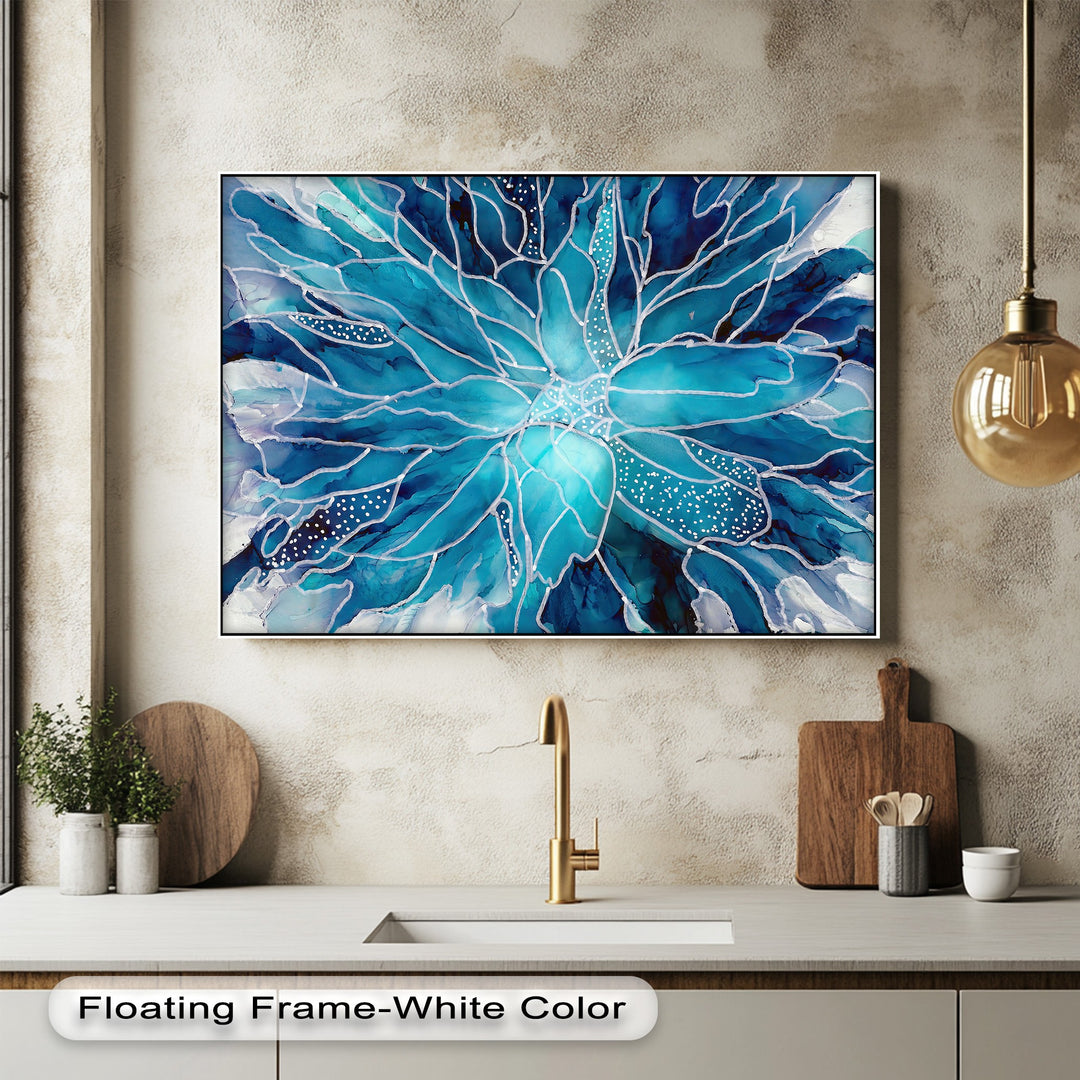 Radiating a tranquil mood, this vibrant blue watercolor floral canvas painting brings serene elegance with its flowing abstract design.