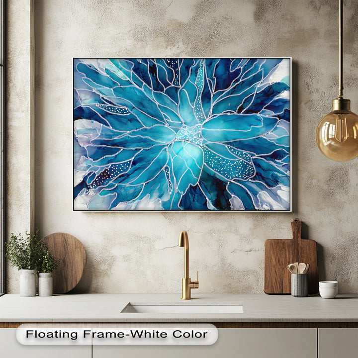 Radiating a tranquil mood, this vibrant blue watercolor floral canvas painting brings serene elegance with its flowing abstract design.