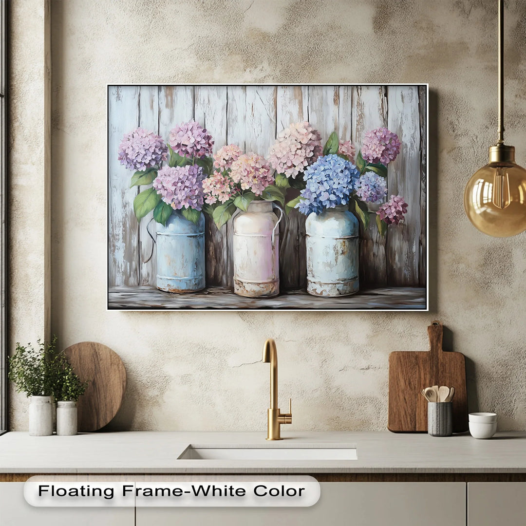 Rustic Hydrangeas in Vintage Milk Cans – Kitchen Canvas Prints - MyPhotoStation