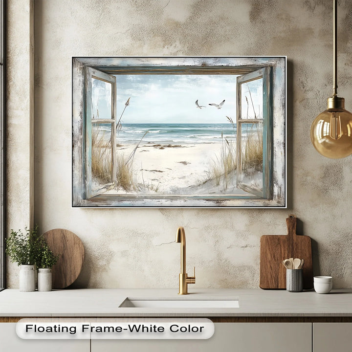 Seaside Escape Through Rustic Window – Kitchen Canvas Art - MyPhotoStation