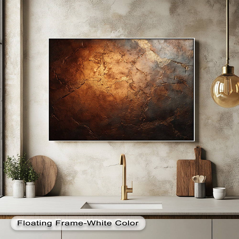 The organic forms of the rustic copper texture, resembling cracked earth tones, create a striking abstract canvas wall art piece.