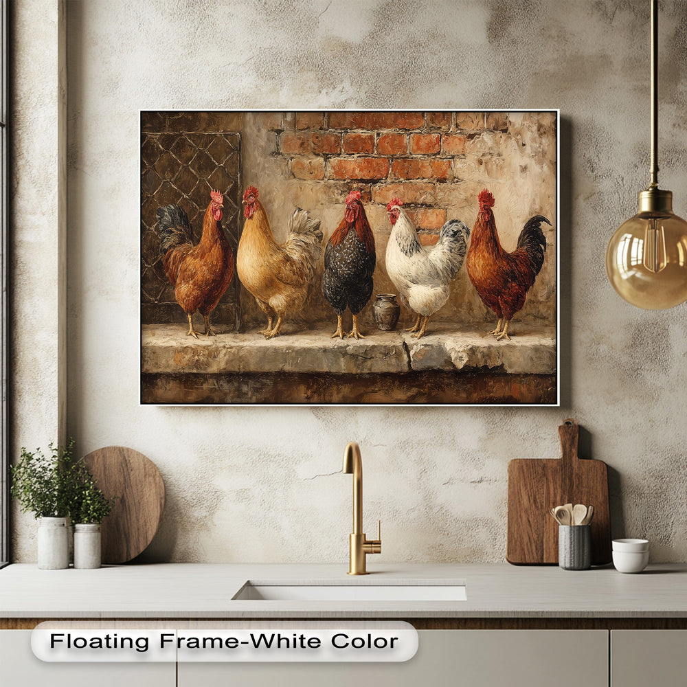 The vibrant brushstrokes of five rustic roosters create a lively sense of movement on this farmhouse chicken hanging canvas print.